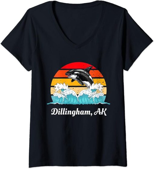 Womens Vintage Dillingham AK Distressed Orca Killer Whale Art V-Neck T-Shirt