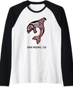 San Pedro, California Native American Orca Killer Whale Raglan Baseball Tee