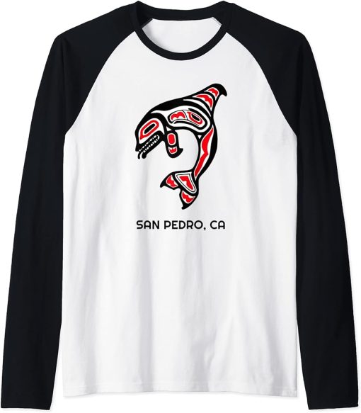 San Pedro, California Native American Orca Killer Whale Raglan Baseball Tee