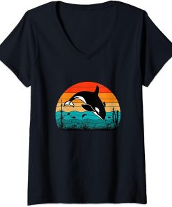 Womens Retro Vintage Whale Orca Squad Orca Squad Whale Sea Animal V-Neck T-Shirt