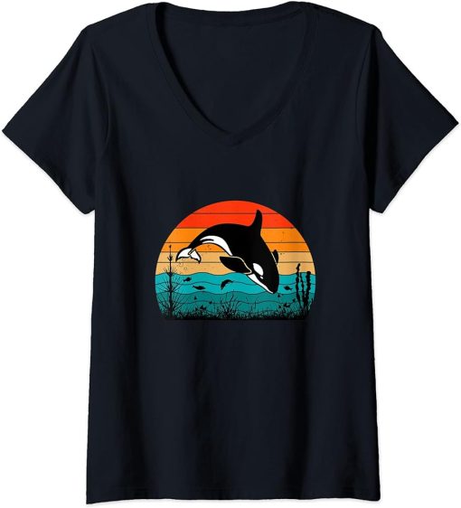 Womens Retro Vintage Whale Orca Squad Orca Squad Whale Sea Animal V-Neck T-Shirt