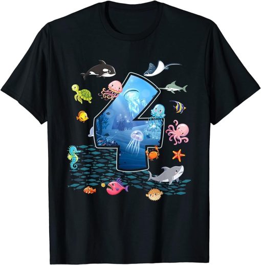 4th Birthday Aquarium Sea Aquatic Animals Lover Boys Girls T-Shirt