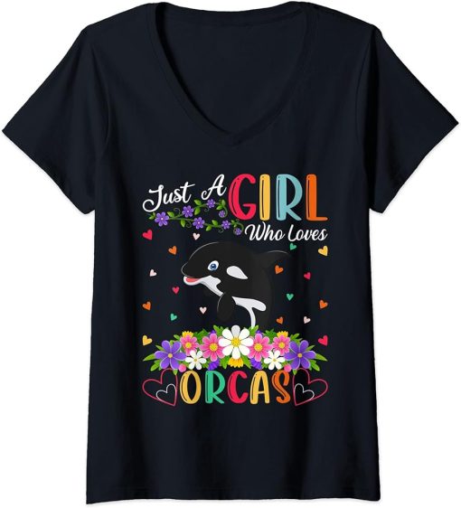 Womens Orca Fish Lover Just A Girl Who Loves Orcas V-Neck T-Shirt