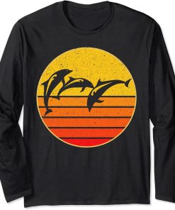 Vintage Workout Retro Dolphin Sunset Orca Silhouette Gift Long Sleeve T-Shirt