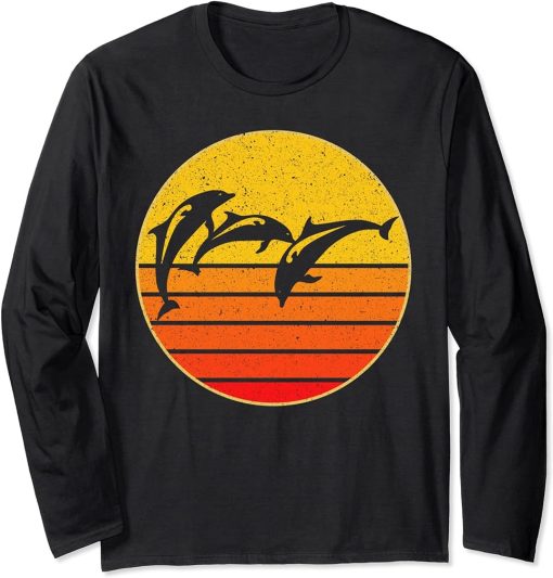 Vintage Workout Retro Dolphin Sunset Orca Silhouette Gift Long Sleeve T-Shirt